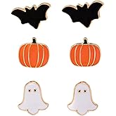 3 Pairs Lovely Halloween Statement Stud Earrings Set for Women Gold-Toned Cartoon Ghost Pumpkin Bat Studs Earring Cute Funny Animal Vegetable Fall Holiday Jewelry for Sister Daughter