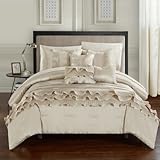 Chic Home 10 Piece Samson Rouching Pleated Ruffles Complete Queen Bed In a Bag Comforter Set Beige Sheets set and Deocrative pillows included