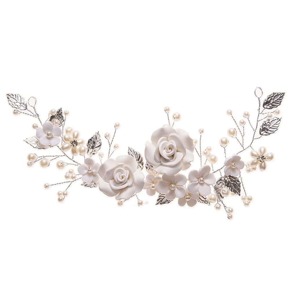 Flower Bride Headband Pearl Rhinestones Headpiece Leaf Crystal Hair Vine Silver Hair Band Wedding Headdress Bridesmaid Hair Accessories for Women Gift Evening Prom Party (silver)