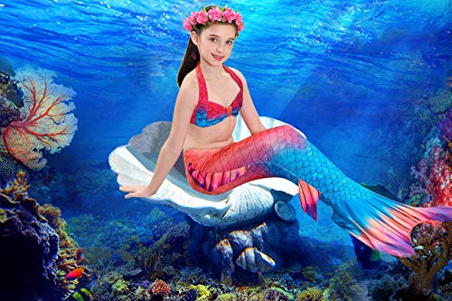 3 PCS Girls Mermaid Tail Swimsuit for Swimming Bikini Princess Can Add Monofin (C-Temperament Red, 9-10T / (Tag 140) / Ht51-54in)