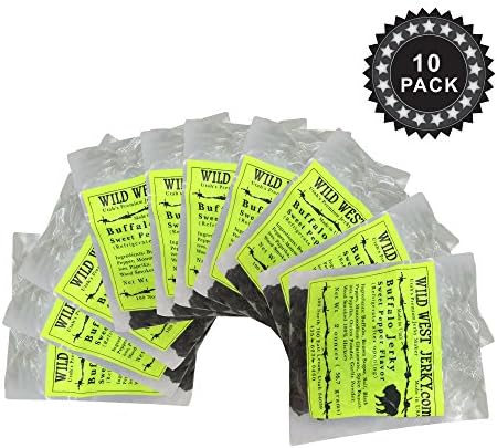 #1 BEST Premium 100% Natural Grass Fed Hand Stripped 2 OZ. Delicious Bold Flavor Buffalo Jerky from Utah USA – Wood smoked With Hickory Wood by Wild West Jerky (Sweet Pepper, Sweet Pepper 10 Pack)