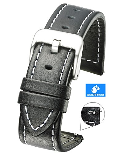 Genuine Waterproof Leather Watch Band with Quick Release Spring Bars - Black Leather Watch Strap 22mm - White Stitching