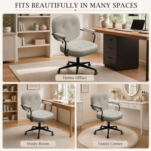 Retro Office Swivel Chair, Height Adjustable Faux Leather Desk Chair with Backrest, Padded Armrests, Tufted Cushion and Rolling Wheels for Home Office, Study Room, Bedroom, Khaki