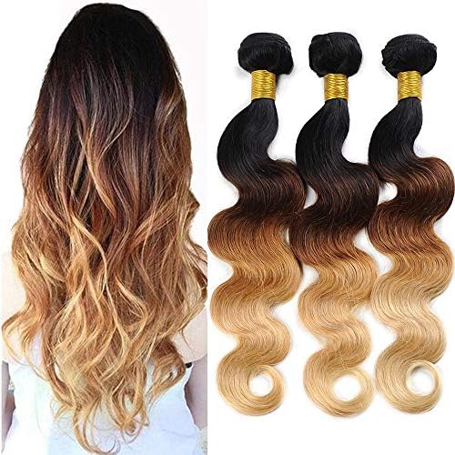 Ombre Brazilian Hair Body Wave Bundles, Ombre Human Hair Bundles 3 Tone Ombre Weave Hair Bundles 100% Human Hair Ombre Blonde 3 Bundles (20 22 24 inch)