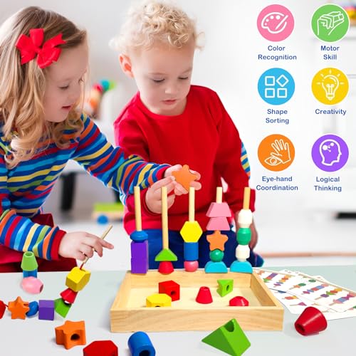 Chithor Montessori Games 3 in 1 Wooden Lacing Beads Toys, Stackable, Thread Toy, Sorting Toys, Activity Child Educational Game, Child Toy Gift Girl Boy 2 3 4 5 Years Old