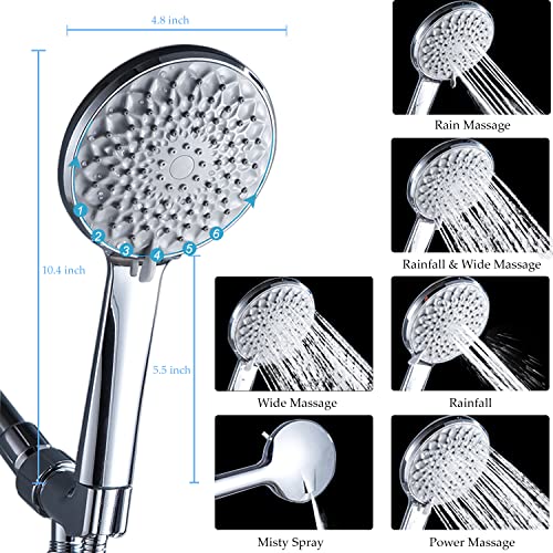 Shower Head, ElfElfElf 6 Settings 4.8 Inches High Pressure Detachable Handheld Showerhead,with 2.0Meter/79Inches Extra Long Hose and 360° Adjustable Brass Wall Joint Bracket & Adhesive Shower Brackets