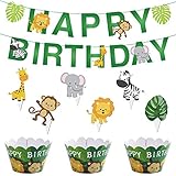 Zoo Animal Happy Birthday Banner Garland Safari Cupcake Toppers Woodland Cupcake Wrappers For Baby Show Theme Party Supplies by Shxstore