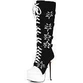 Feinlina Women's Fashion Canvas Knee High Stiletto Boots Round Toe Lace-up Platform Heels Club Party Booties