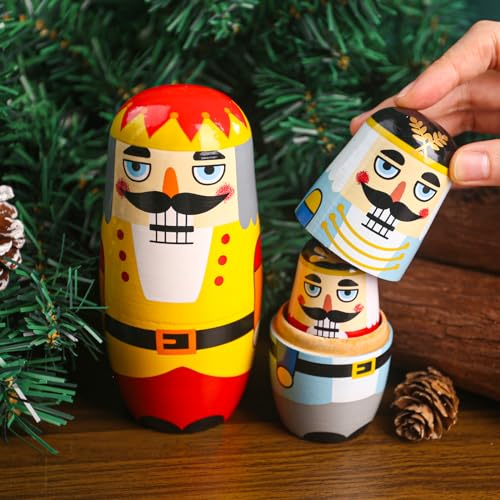 MCPINKY 5PCS Nutcracker Nesting Dolls, Christmas Wooden Nesting Dolls Handmade Stacking Toy Matryoshka Russian Dolls for Christmas Stocking Stuffer Gift Home Decoration