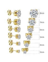 GEMSME - Pendientes de tuerca, chapados en oro amarillo de 18 quilates, circonita cúbica, 6 unidades