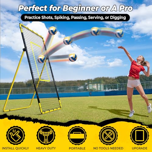 Happy Jump 7x4 FT Portable Volleyball Rebounder Net, 5 Adjustable Angles Bounce Back Trainer, Heavy-Duty Steel Frame & 45-Ply Net, Target Practice Training Equipment, Includes Volleyball for Drills