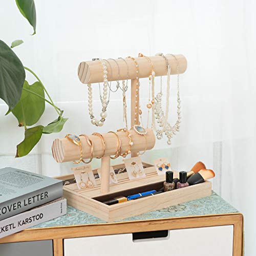 2 Tier Necklace Holder Wooden Bracelet Holder Stand T Bar Jewelry Display Stand Holder Organizer Bangle Watch Stand Holder with Ring Tray for Earring Cards Watches Bracelets Necklaces Chains