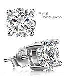 Uhibros Sterling Silver Birthstone Stud Earrings Round Cubic Zirconia Diamond