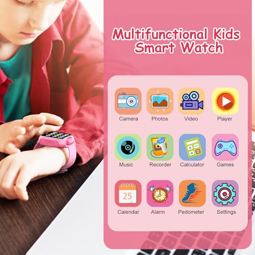 Diswoe Smart Watch for Children, Smartwatch Girl 3 4 5 6 7 8 9 10 11 12 Years, Gift Girl with 14 Games, 90° Rotating Camera, Alarm Clock and HD Touch Screen, Gifts for Boys and Girls