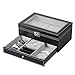 NEX Watch Box Mens Watch Case Organizer 12 Slot Double-Layer PU Leather Jewelry Display Drawer Glass Top with Lock, Black