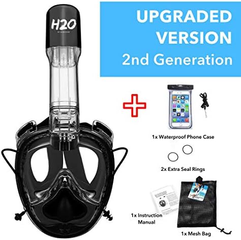H2O by MiDezigns Full Face Snorkel Mask 2018 Latest Upgrade GASBAG Design with Ear Pressure Balance 180° Panoramic View Anti-Fog Anti-Leak with Go Pro Mount Universal Size (12 yrs Old and Above)