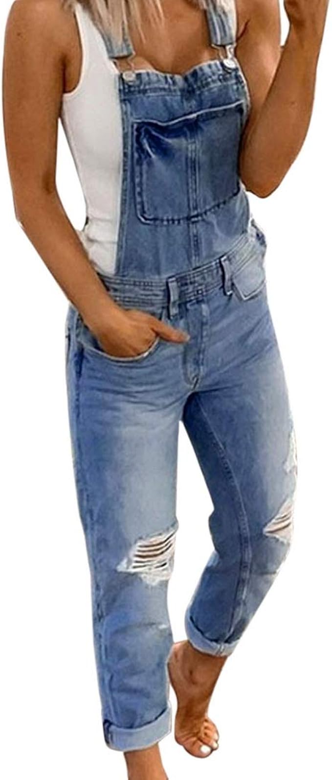 ripped overall jeans with pocket