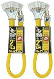 2-Pack - Yellow Jacket Extension Cord, 3-Outlet, Lighted Power Block - 2 Feet, 12/3 Heavy-Duty Contractor Grade, 15 Amp.