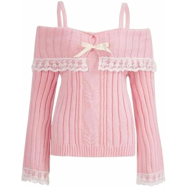 Women's Long Sleeve Knit Tops 2024 Cute Sweaters Lace Trim