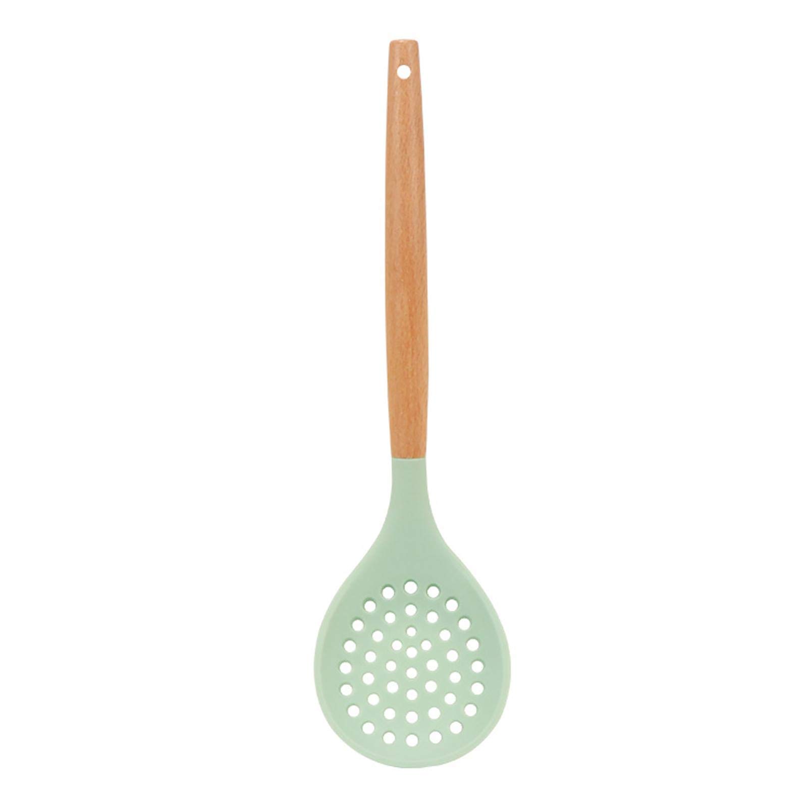 Silicone Skimmer Spoon, Non-Stick Silicone Slotted Skimmer Spoon, with Heat-Resisting Comfortable Wooden Handle, Durable Draining Spoon for Kitchen Cooking, Vegetables, Meat, 12.6 Inch(1pc, Green)