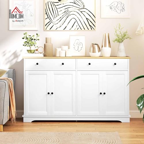 HOMCOM Sideboard Buffet Cabinet with Storage, 55" Kitchen Cabinet with Adjustable Shelves, 2 Drawers and 4 Doors, Coffee Bar Cabinet with Rubberwood Tabletop, White