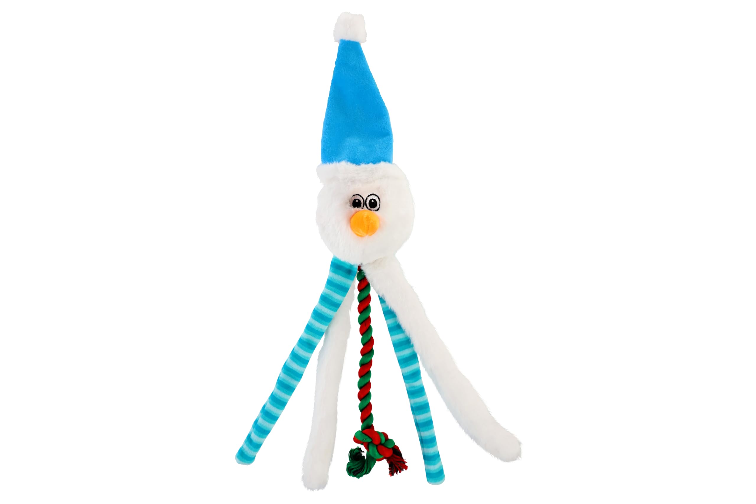 DINGO Snowman Dog Toy with a Blue Hat, Rope Tug and Sewn-in Squeaker, Funny for Dog Training, Tug of War, Fetch, Play, 50 cm Long, Multicolor 17481