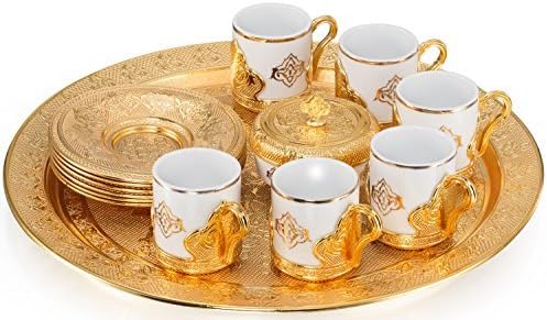 New Royal Dore High End Stunning Espresso Turkish Greek Coffee Serving Set with Cups Saucers Sugar Bowl &amp; Tray in Gift Box (Gold) by Royal Dore