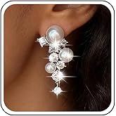 Aneneiceera Cluster Pearl Crystal Earrings Multi Pearl Rhinestone Drop Earring Wedding Chandelier Earrings Pearls Stud Earrings Silver Cluster Cz Earrings Bridal Earrings Jewelry for Women