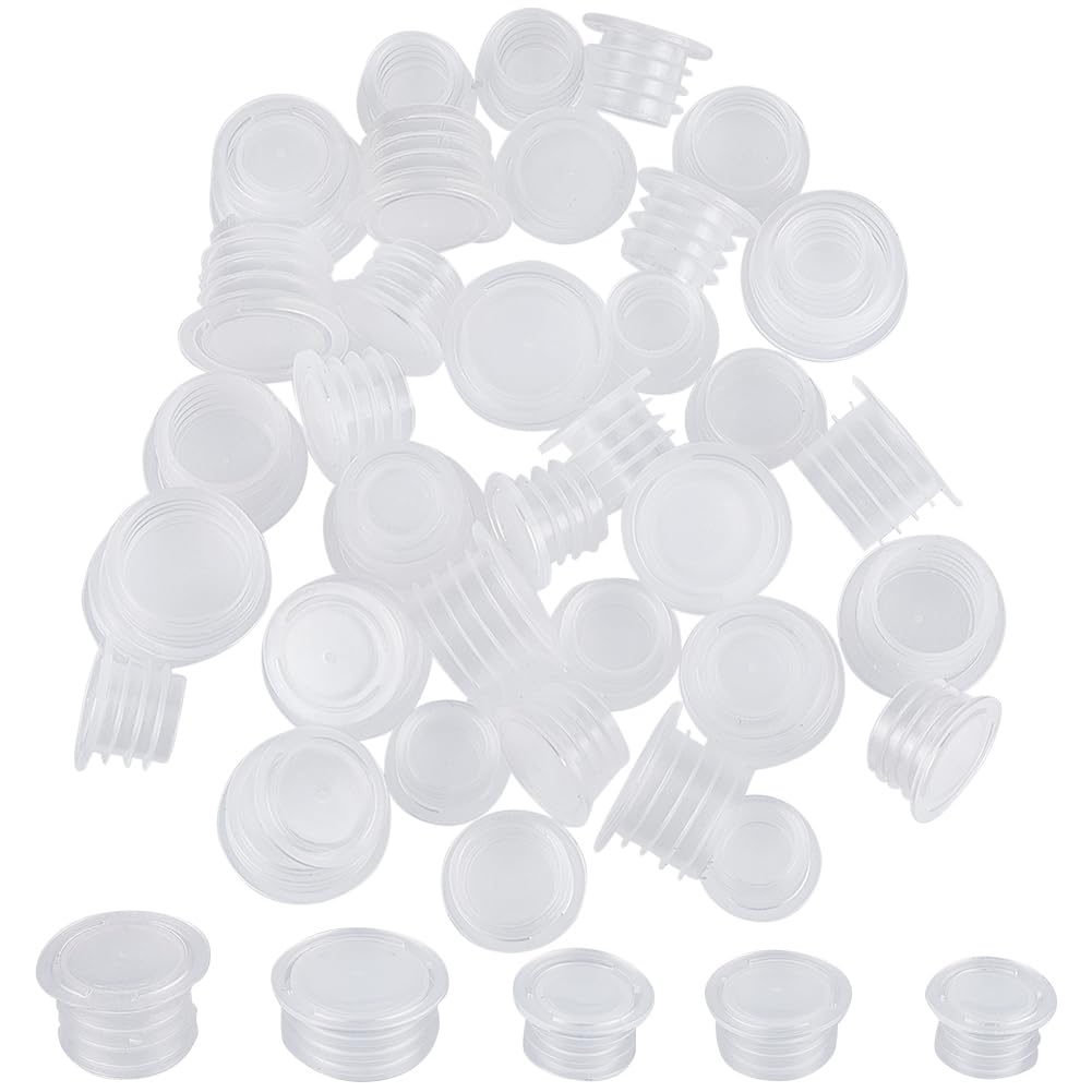 GORGECRAFT 50PCS 5 Sizes Clear Plastic Stopper with Pull Tab Salt and Pepper Shaker Stoppers Replacement Bottle Plug 10.5mm to 18mm Inner Diameter Reusable Column End Covers for Pots Bottles Pipes