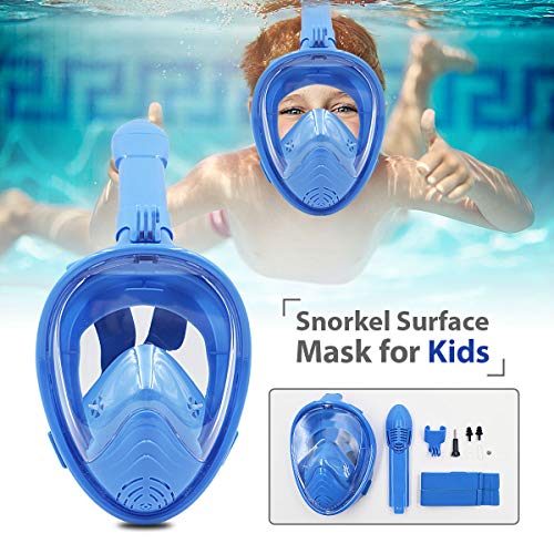 ROCONTRIP Full Face Snorkel Mask, Free Breathing 180° Panoramic View Diving Mask, Anti-Fog Anti-Leak and Adjustable Head Strap Snorkeling Mask for Men Women Adult (Blue, XS)