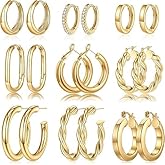9-Piece 14K Gold Plated Hoop Earrings Set for Women, Chunky and Small Hoops for Women, Trendy Gold Jewelry Accessories, Lightweight Stackable Earrings Gifts