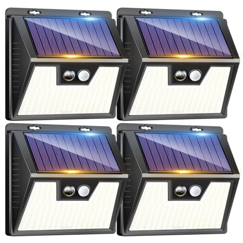 LOTMOS Set of 4 Solar Motion Detector Lights, 176 LED Outdoor Light, IP65 Waterproof Solar Spot Light, 3 Modes Outdoor Lighting, Outdoor Spotlight for Garden Garage, Cool White
