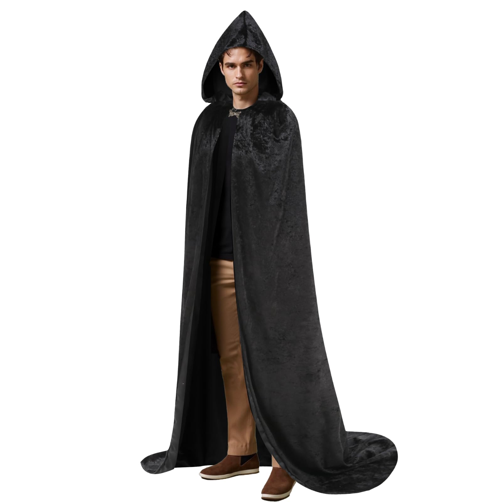 Mystic Wizard Robe with Metal Buckle Hooded Cloak Vintage Style Adult Medieval Retro Renaissance Costume Fancy Dress for Halloween World Book Day Masquerade(Black,150cm)