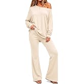 Fisoew Womens 2 Piece Lounge Sets Off Shoulder Long Sleeve Top Flared Pants