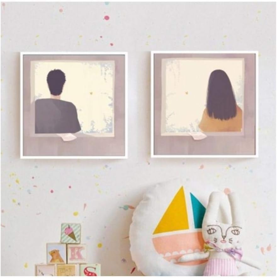 Hdksa Modern Fresh Oil Painting Art Cartoon Boy and Girl Couple Decoration Painting Living Room Bedroom Decor Canvas Painting 60X60Cmx2 No Frame