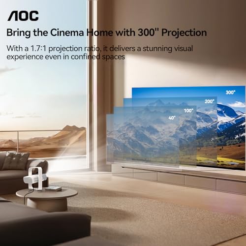 AOC Smart Projector Native 1080P 4K Support, 15000 Lumens, Android 13, WiFi 6 BT 5.2, Auto Focus & Keystone Portable Outdoor Projector, 360° Rotatable Projector with Built-in Apps & Dual Speakers