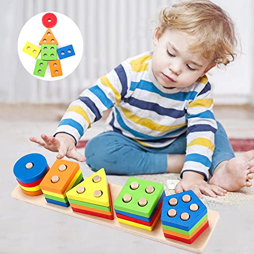 Wooden Sorting & Stacking Toy Sensory Toys for Toddlers 3 in 1 Multi