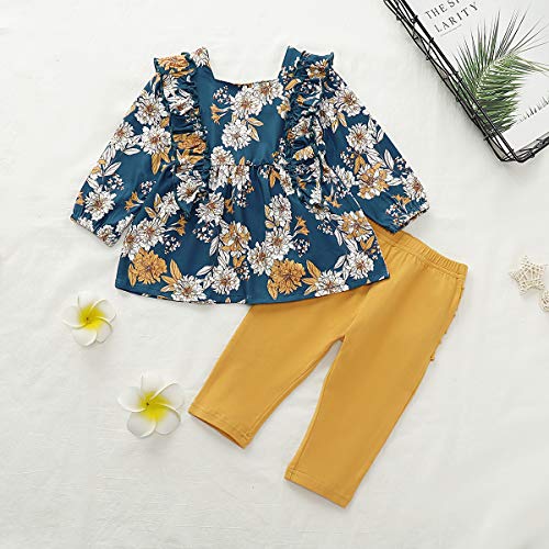 Kids Little Toddler Baby Girls Fall Outfit Ruffled Long Sleeve Floral Dress Shirt Tops + Lace Pants Winter Clothes Set Blue