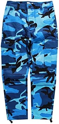 Kebinai Stylish Camo Cargo Pants Mens Baggy Tactical Trouser Hip Hop Casual Cotton Multi Pockets Pants Streetwear BlueX-Large