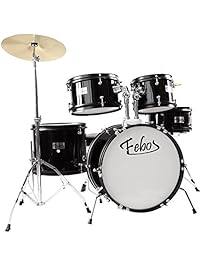Febos FJDS-502BK Drum Set for Kids Junior Kit 5 Piece with Cymbals, Hardware, Sticks & Throne