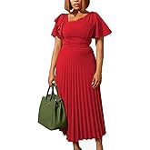 AOMEI Women's Short Sleeve Asymmetrical Ruffles High Waist Pleated Hem Midi Spring Dress