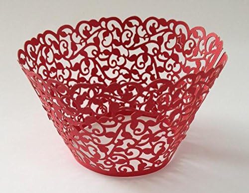 12 pcs Classic Filigree Lace Cupcake Wrappers Wrapper for Standard Size Cupcake Liners (Red)