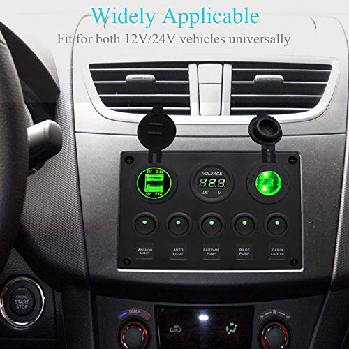 WUPP Marine Boat Rocker Switch Panel 5 6 8 Gang Waterproof ON Off Toggle Switches with Digital Voltage Display 3.1A Double USB Power Charger Adapter 12V Cigarette Lighter Socket for Car Truck Jeep