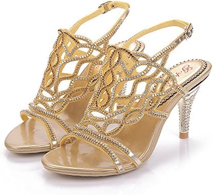 Unicrystal Women's Stiletto Heel Strappy Rhinestone Evening Bridal Wedding Prom Crystal Sandals Gold 9.5 M US