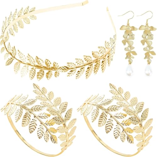 5 Pieces Greek Goddess Costume Accessories Set, Greek Goddess Accessories With 1 Pcs Golden Leaf Crown Headband, 2 Pcs Dangle Earrings and 2Pcs Armband Bracelet for Bridal Bridesmaid Wedding Party