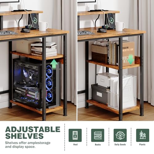 MUTUN 47" Reversible Computer Desk with Charging Station, Office Desk with Drawers and Shelves, Bureau de Travail, Home Office Desks, Study Table with Monitor Stand (Rustic Brown, 47 Inch)