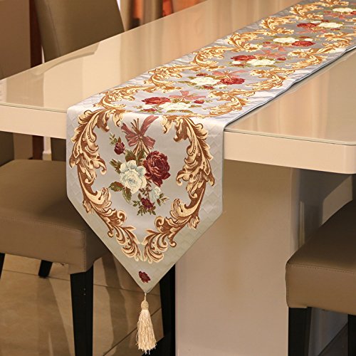 MAGILONA Home Tablecover Decorative Luxurious Cotton Linen Embroidered 3D Floral Pattern Table Runner with Tassel Dining Party 13x83 In (Blue)