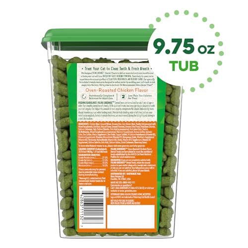 GREENIES CAT TREATS, FELINE VETERINARIAN-RECOMMENDED ADULT NATURAL DENTAL CAT TREATS, OVEN ROASTED CHICKEN FLAVOR, 9.75 OZ. TUB