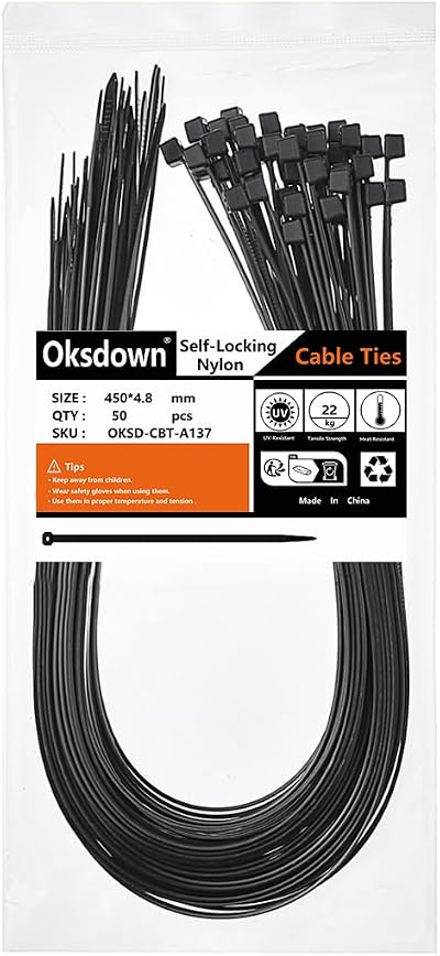 Oksdown Cable Ties 450mm 4.8mm Black 50 Pack Heavy Duty Nylon Self Locking