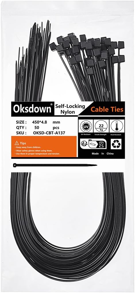 Oksdown Cable Ties 450mm 4.8mm Black 50 Pack Heavy Duty Nylon Self Locking